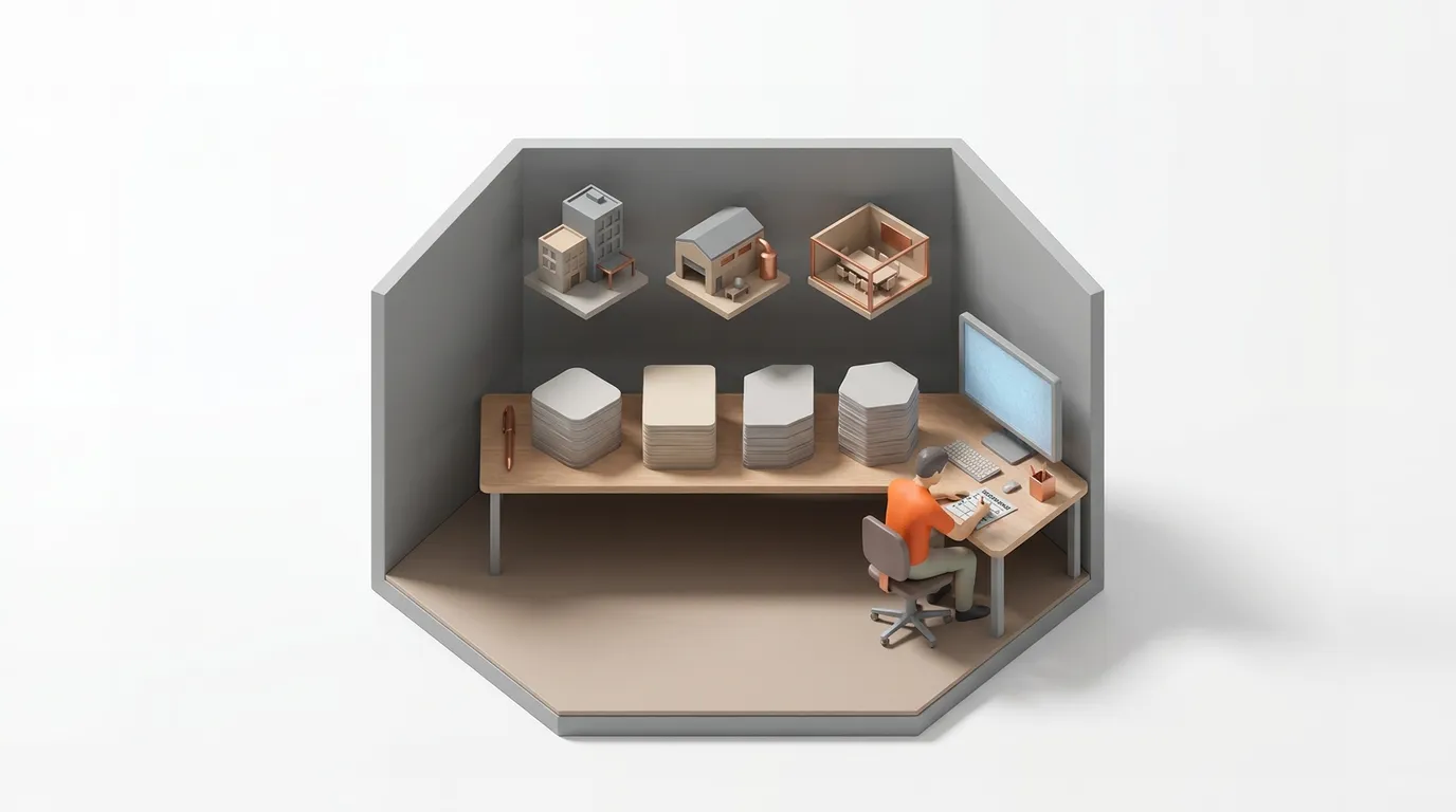 Isometric scene of an architect designing various buildings, alongside stacks representing productized service models.