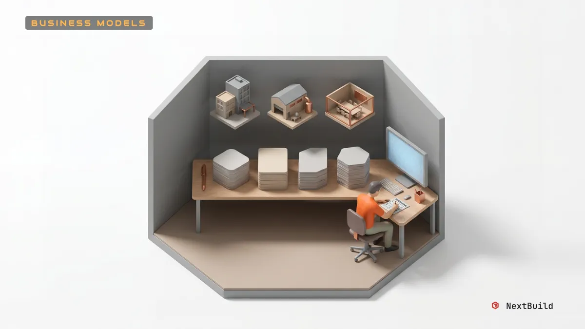 Isometric scene of an architect designing various buildings, alongside stacks representing productized service models.