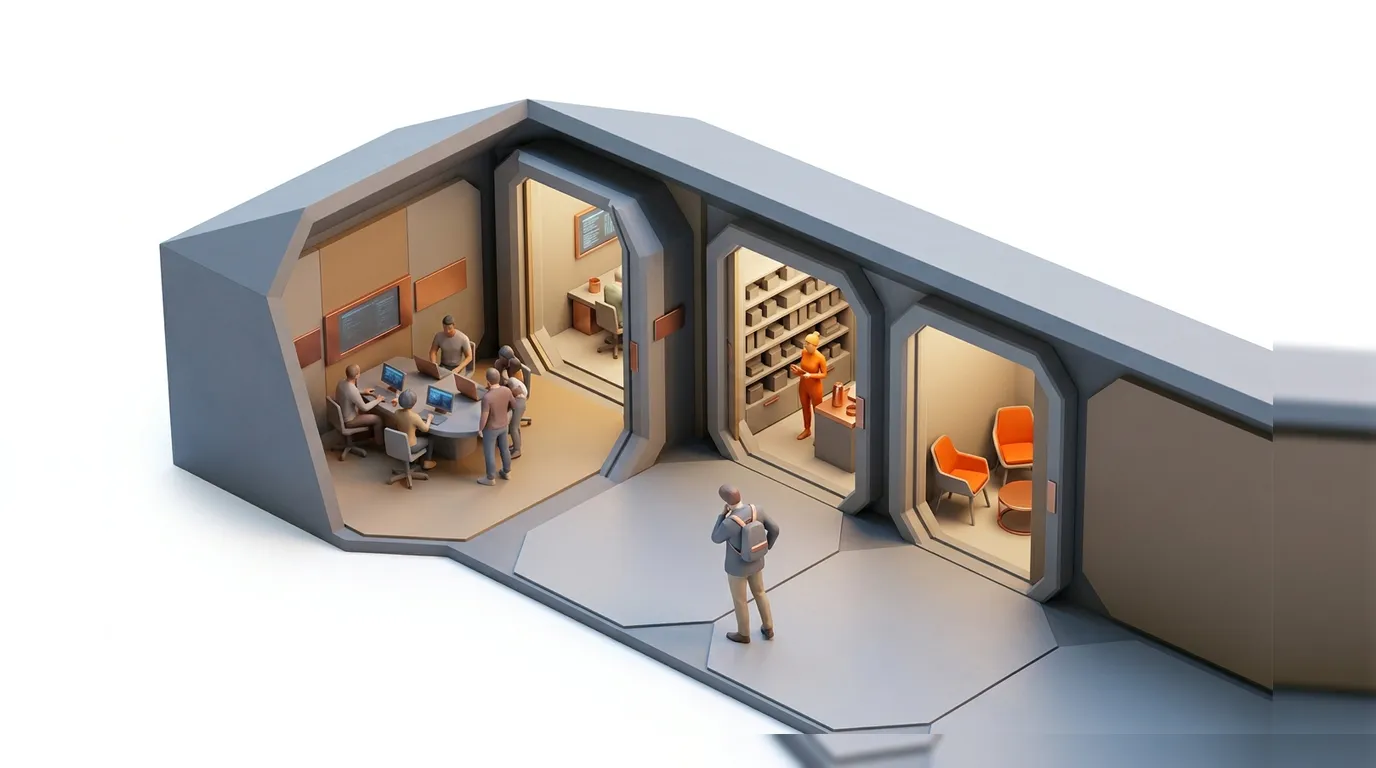 A futuristic structure cutaway shows team work, productized services, and individual tasks, watched by a person.