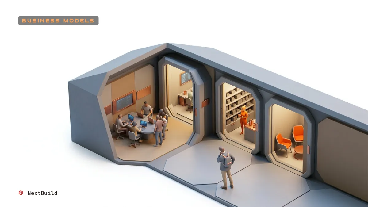 A futuristic structure cutaway shows team work, productized services, and individual tasks, watched by a person.