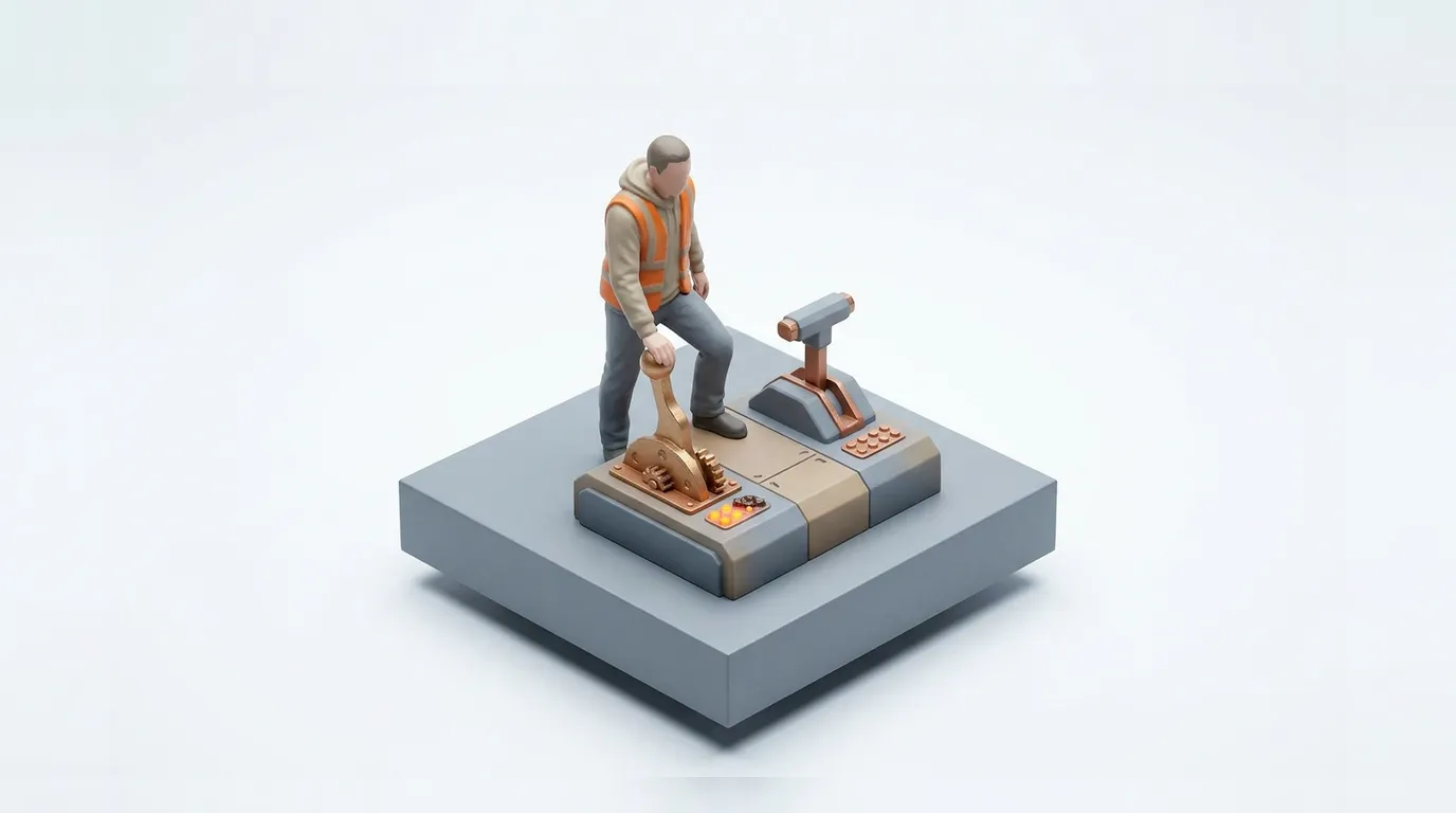 A miniature worker in a safety vest operates an oversized, geared lever on a stylized control panel.