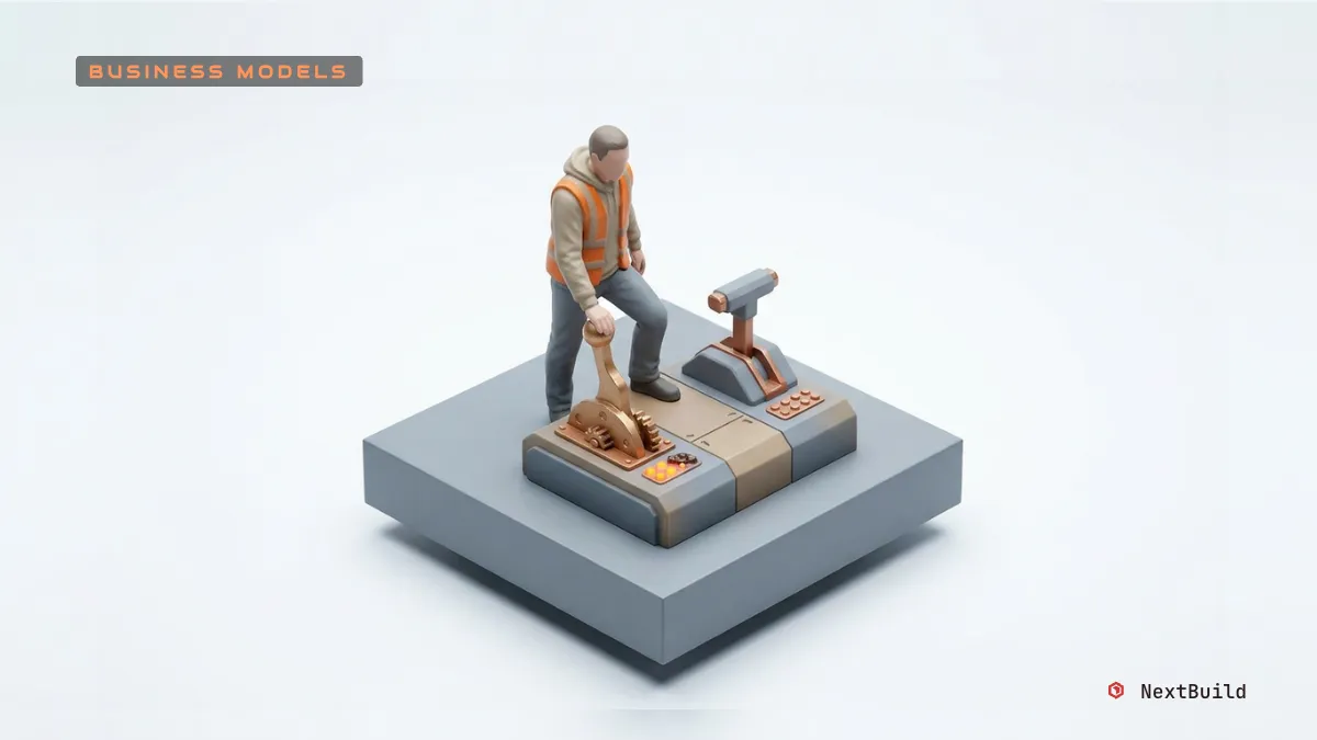 A miniature worker in a safety vest operates an oversized, geared lever on a stylized control panel.
