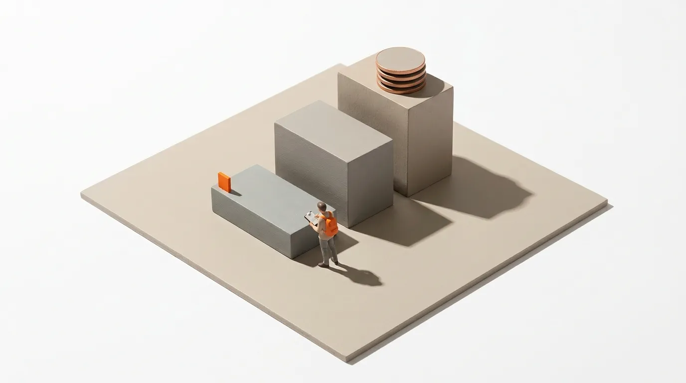 Miniature person faces three ascending blocks on a beige platform, with an orange flag and stacked disks.