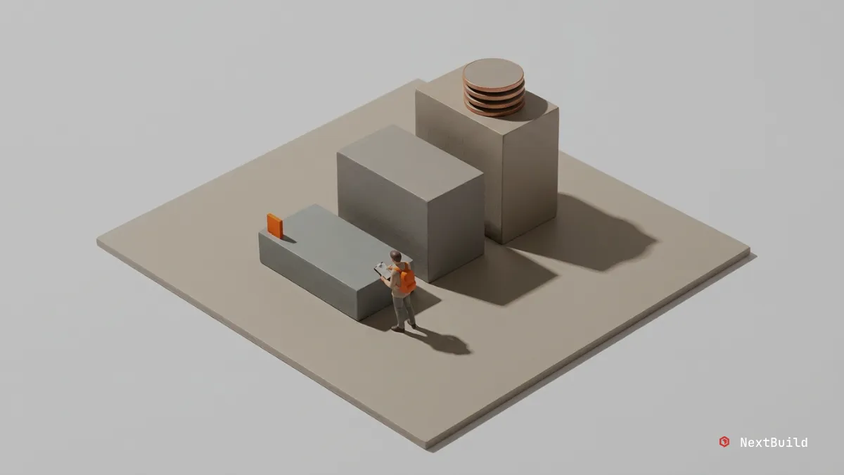 Miniature person faces three ascending blocks on a beige platform, with an orange flag and stacked disks.