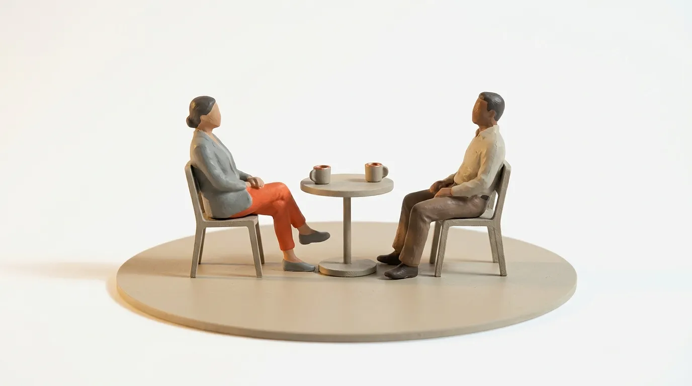 Minimalist figures of a man and woman sit facing each other at a coffee table, suggesting a business meeting.