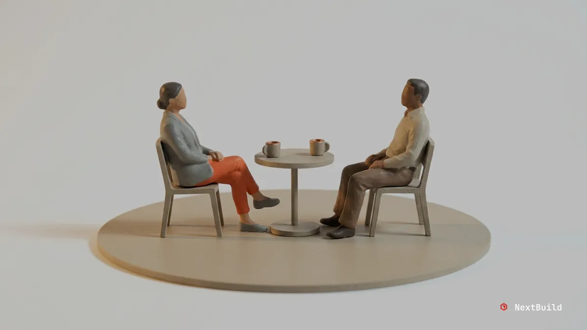 Minimalist figures of a man and woman sit facing each other at a coffee table, suggesting a business meeting.