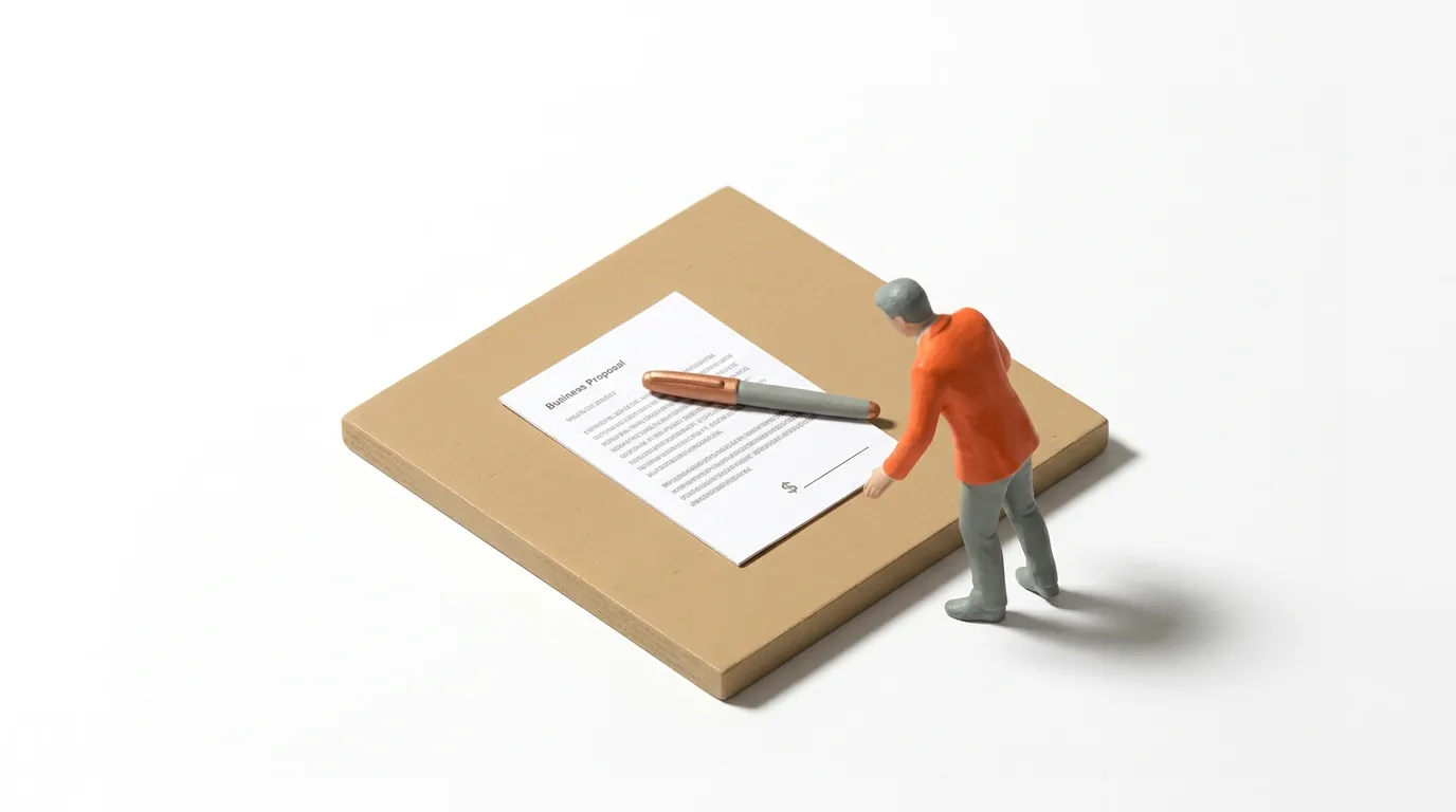 Miniature man examines a document and pen on a brown board, focusing on a signature line.