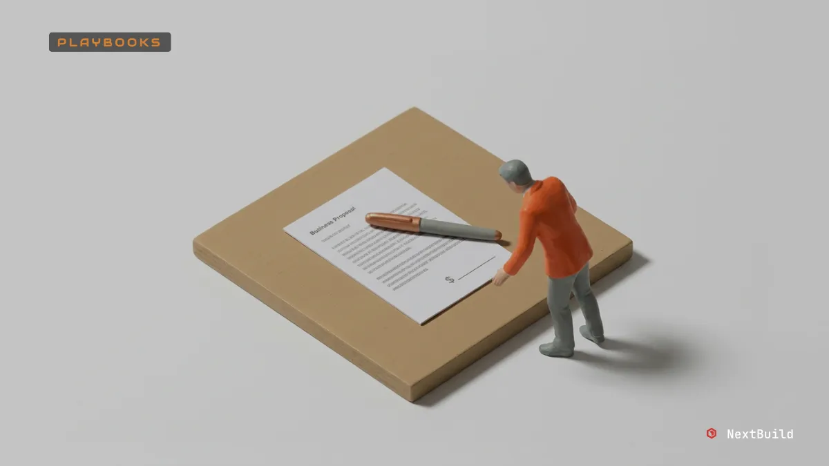 Miniature man examines a document and pen on a brown board, focusing on a signature line.