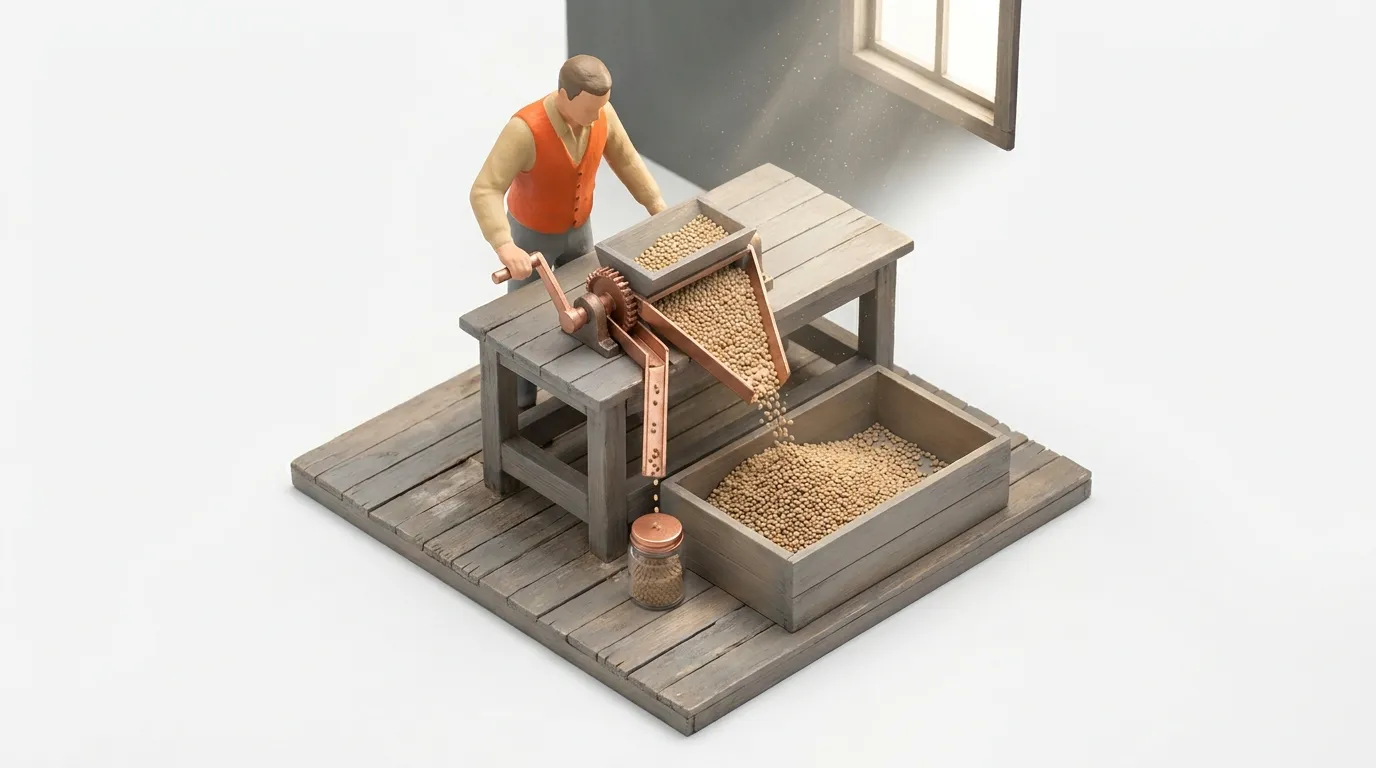 A consultant weighing a small hourly invoice against a much larger box representing the buyer's annual business outcome, illustrating the gap between hours-based and outcome-based pricing.