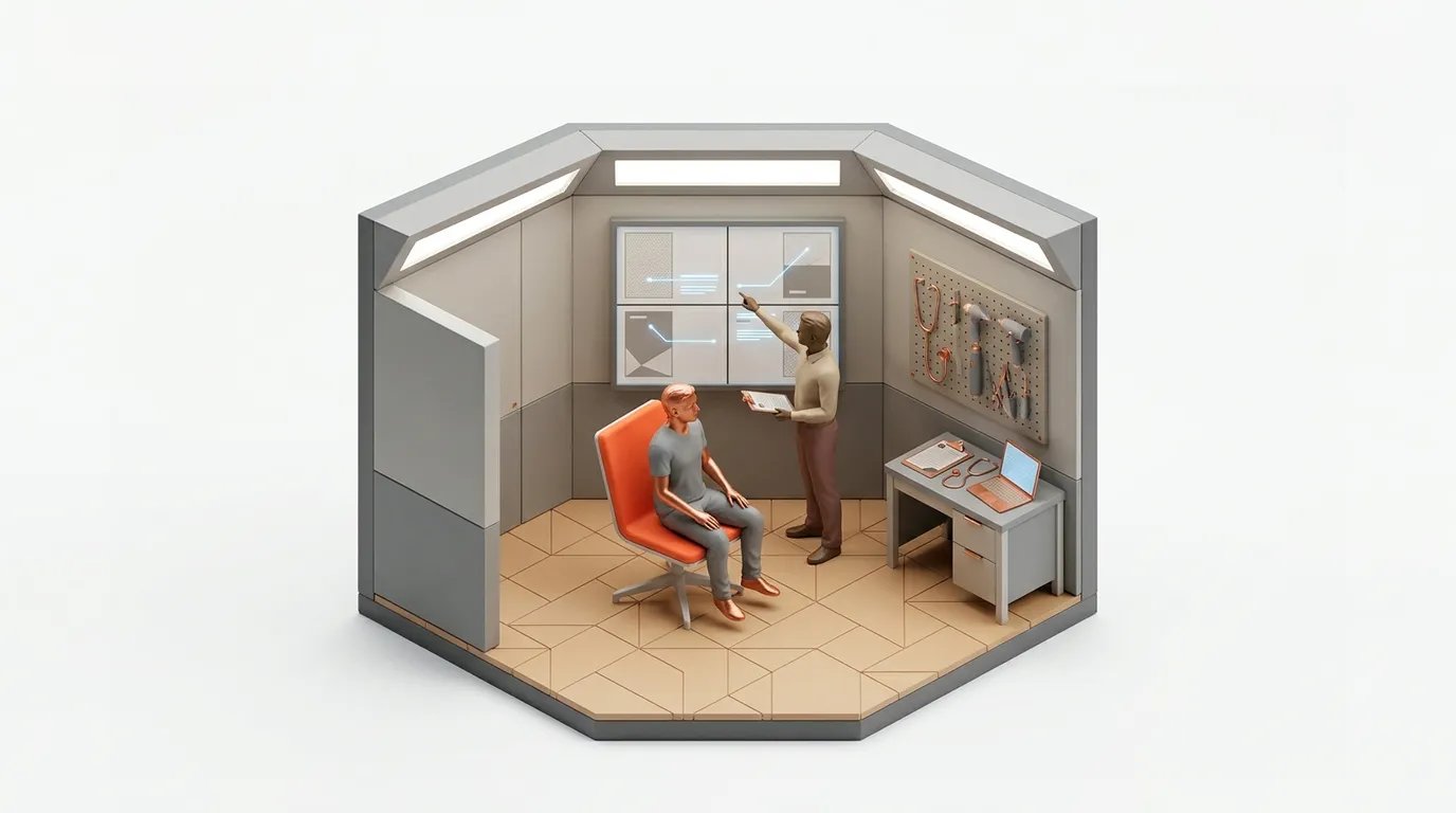 Stylized people in a hexagonal diagnostic room, one pointing to data on screens, with medical tools nearby.