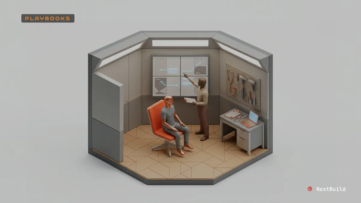 Stylized people in a hexagonal diagnostic room, one pointing to data on screens, with medical tools nearby.