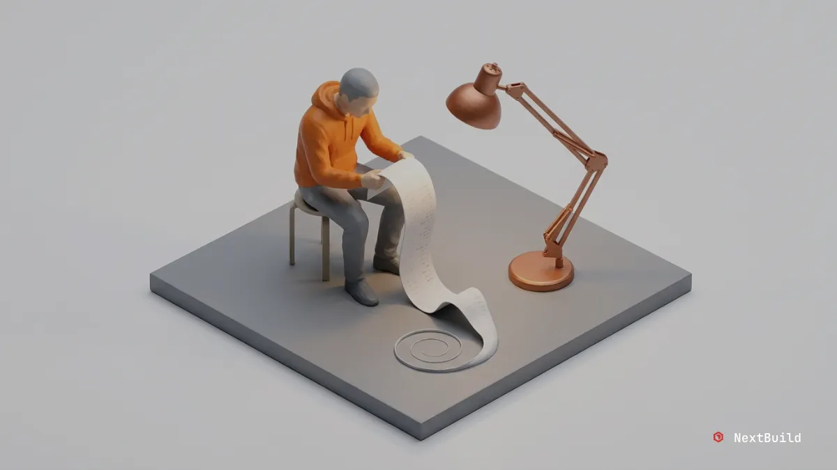 Figurine reads a long paper receipt under a desk lamp on a gray platform.