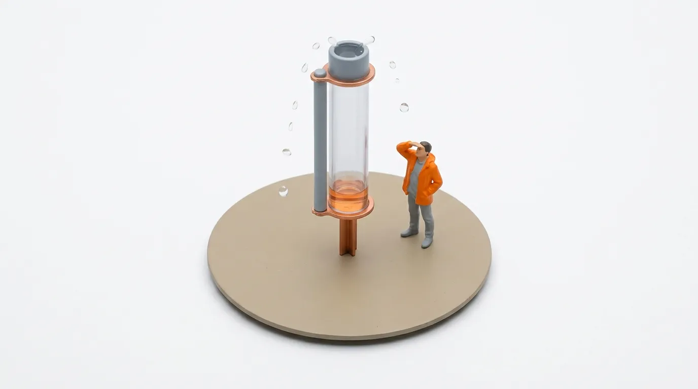 Miniature person in orange watches water splash from a clear cylinder with amber liquid, on a beige base.