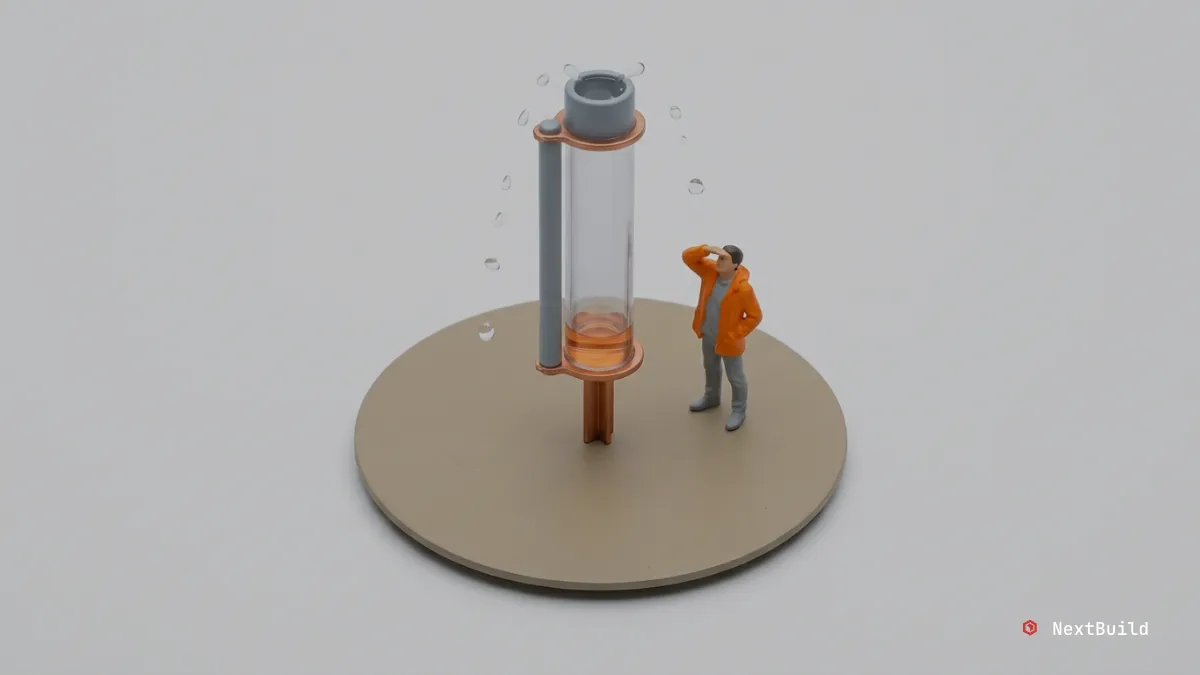 Miniature person in orange watches water splash from a clear cylinder with amber liquid, on a beige base.