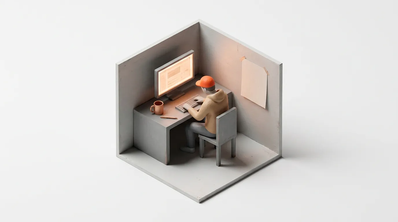 Isometric diorama of a person in an orange cap focused on a glowing computer in a minimalist grey workspace.