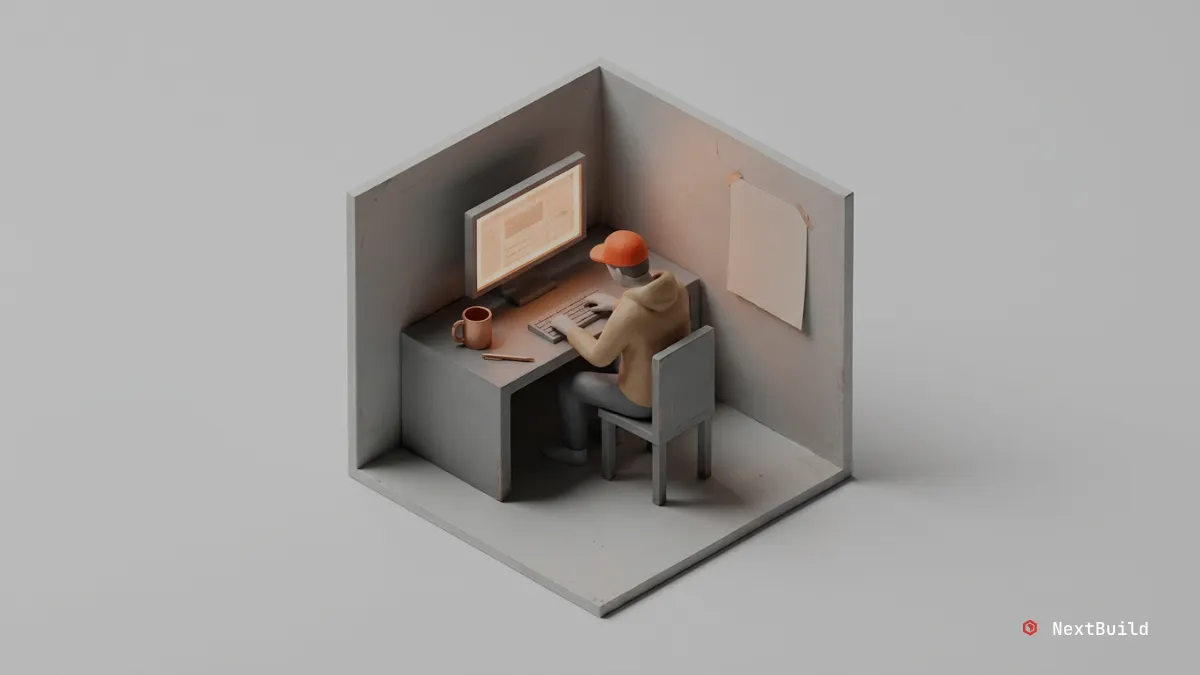 Isometric diorama of a person in an orange cap focused on a glowing computer in a minimalist grey workspace.