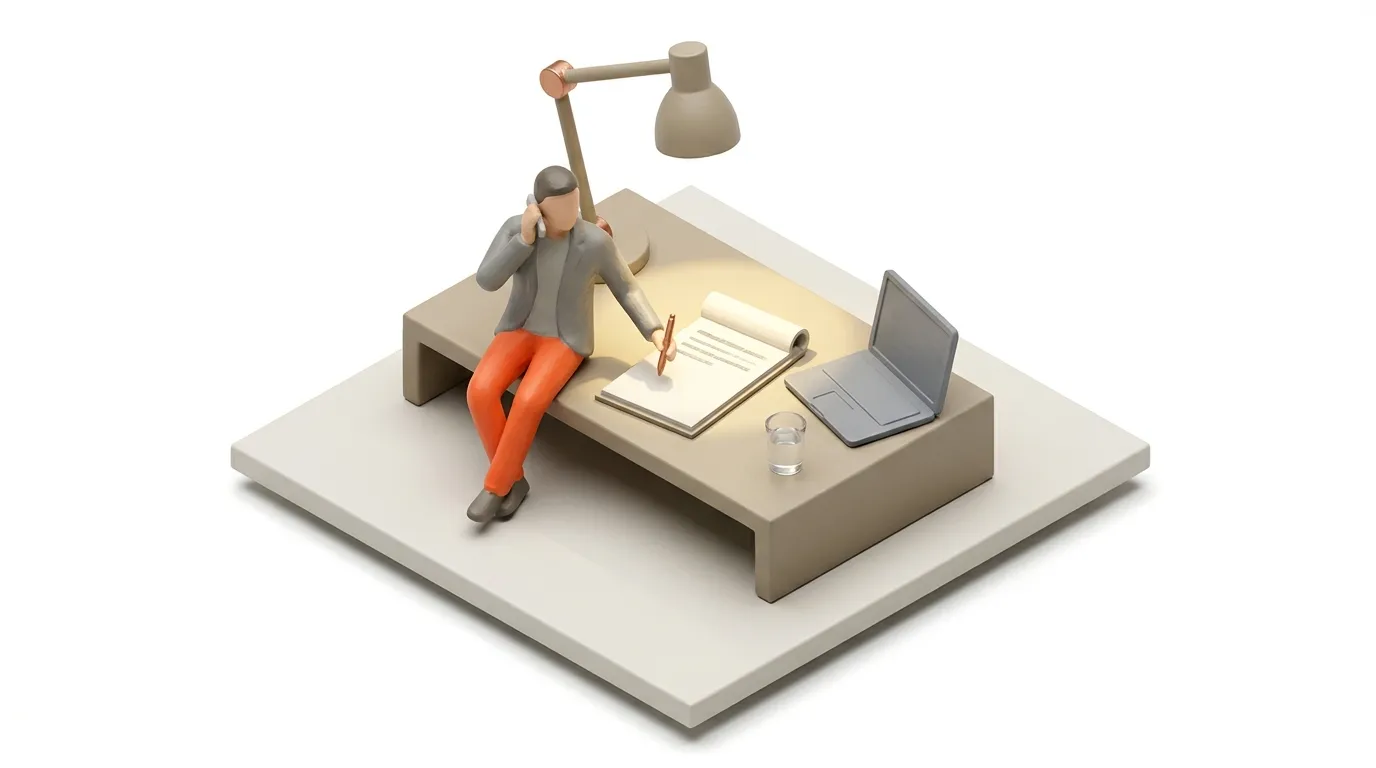 Isometric view of person talking on phone, writing at desk with laptop and lamp.