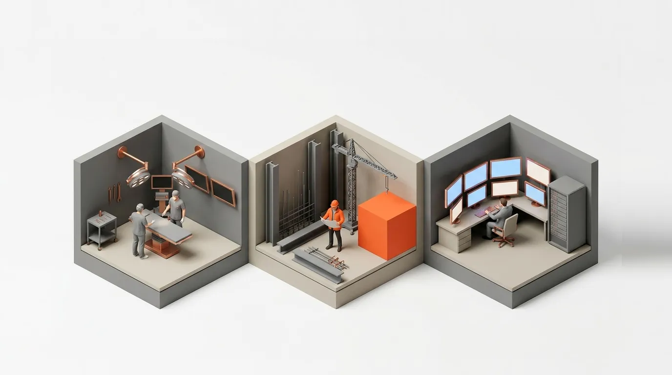 Three isometric rooms depict a hospital surgery, a construction site, and a data control center with miniature figures.