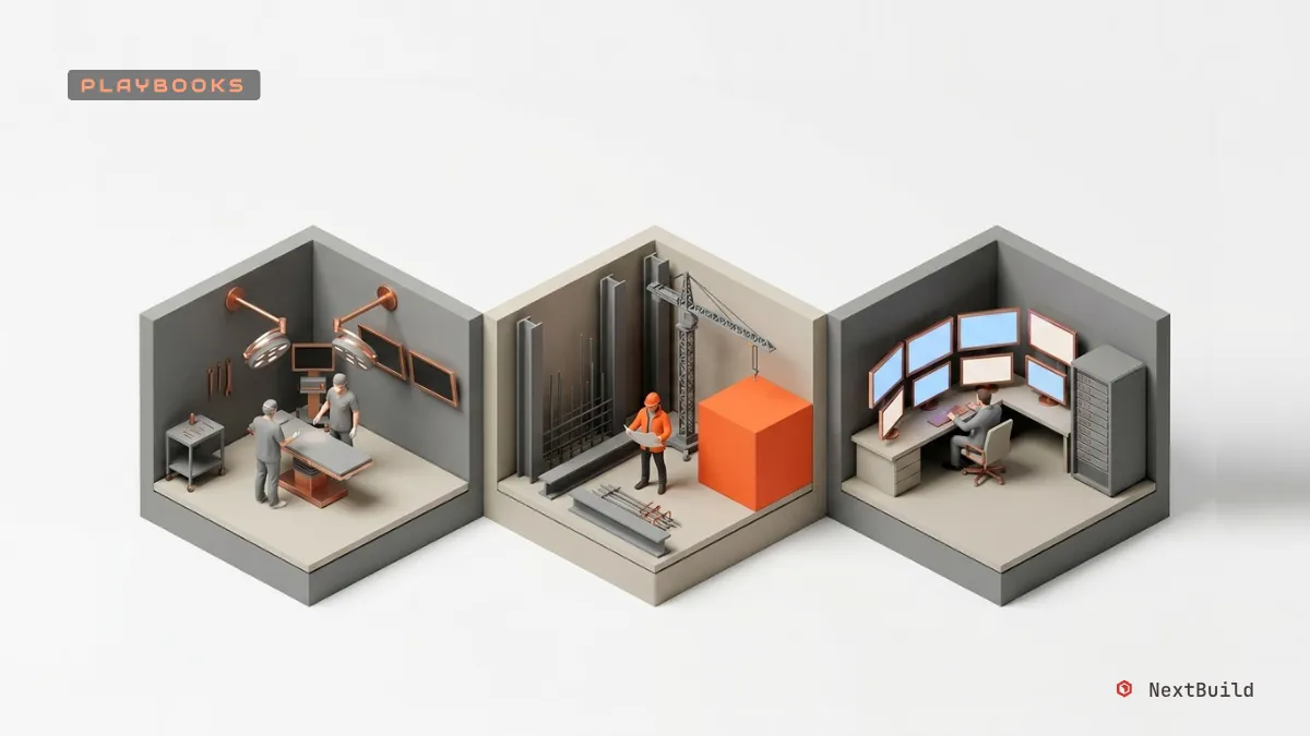 Three isometric rooms depict a hospital surgery, a construction site, and a data control center with miniature figures.
