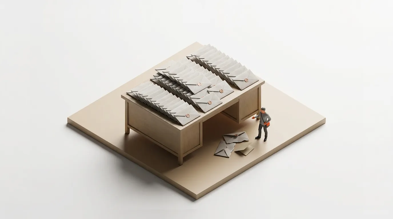 Miniature delivery person by a desk with tall stacks of sealed letters, many torn on the floor, hinting at missed connections.