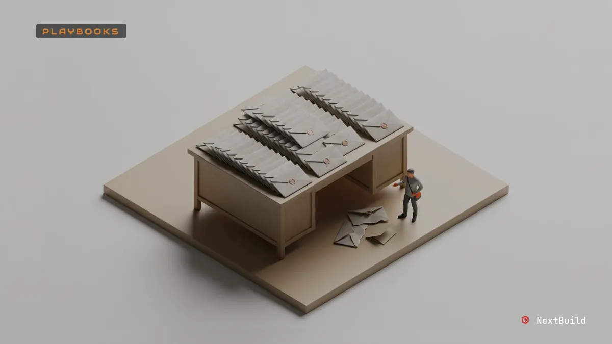 Miniature delivery person by a desk with tall stacks of sealed letters, many torn on the floor, hinting at missed connections.